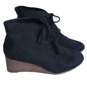 Dr Scholl's Dakota Tassel Lace Up Wedge Booties 6.5 Black Faux Suede